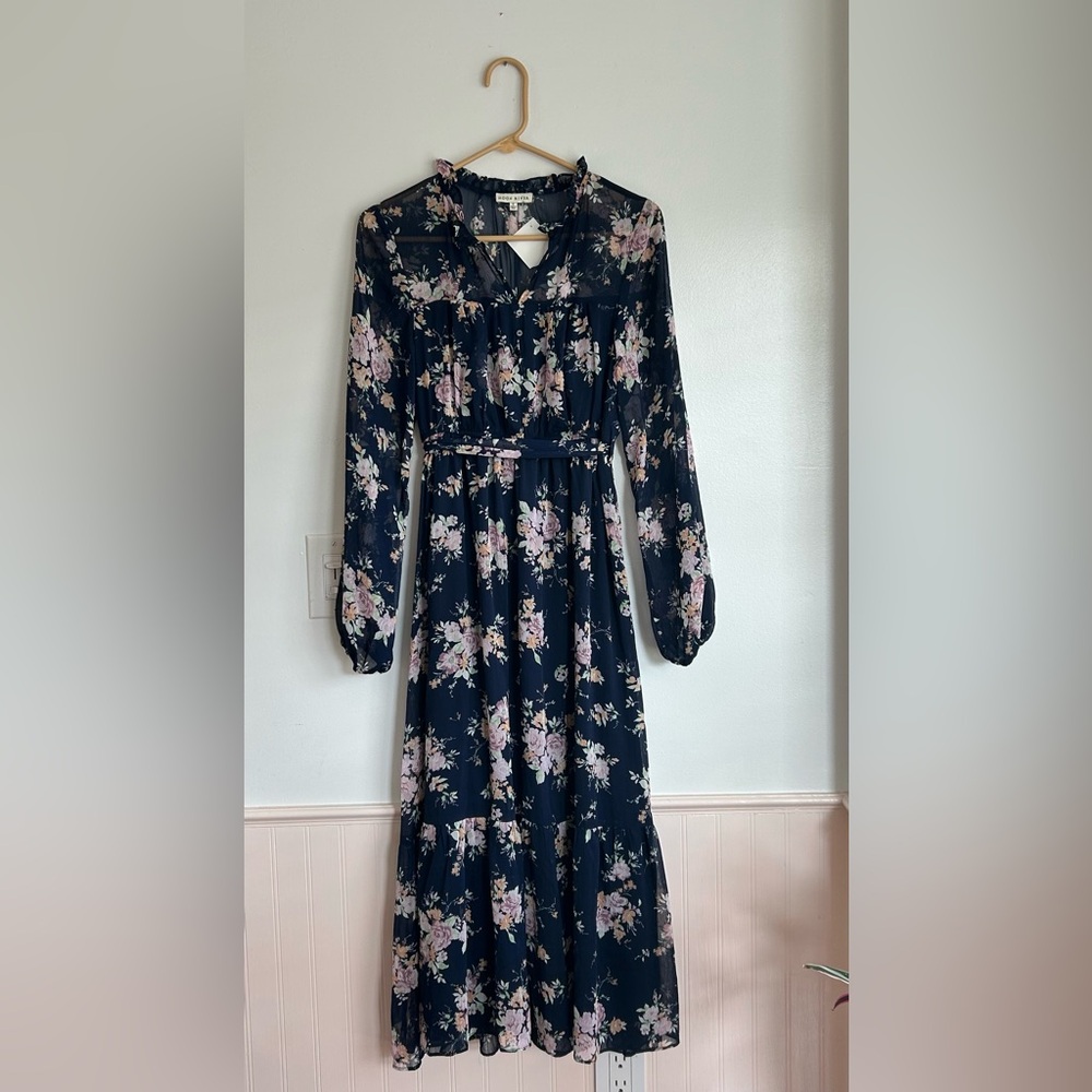 NWT Moon River Blue Floral Long Sleeve Maxi Dress - Picture 2 of 8
